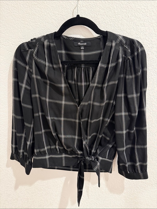 Madewell Tops - Madewell Black and White Plaid Tie-Waist Blouse